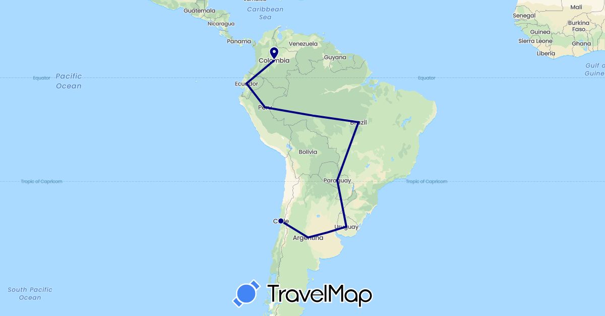 TravelMap itinerary: driving in Argentina, Brazil, Chile, Paraguay (South America)